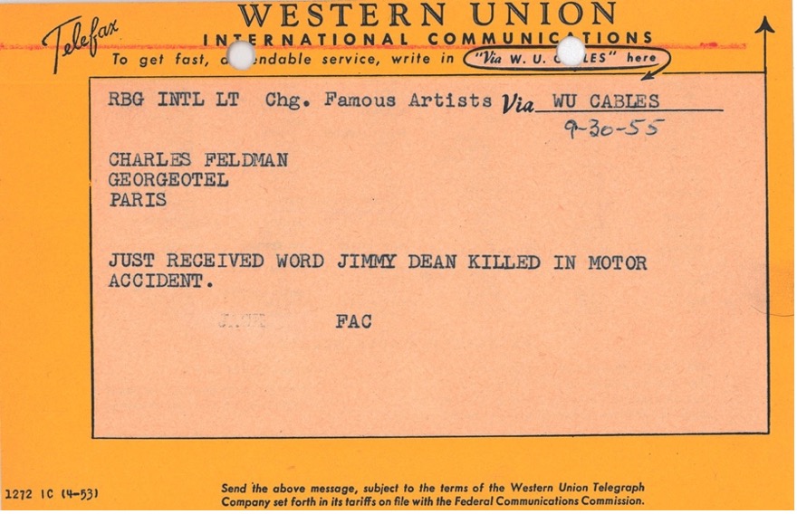 Telegram about the death of James Dean