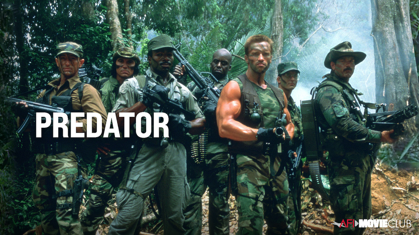 Predator Film Still - Arnold Schwarzenegger, Shane Black, Jesse Ventura, Carl Weathers, Bill Duke, Richard Chaves, and Sonny Landham