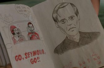 GHOST WORLD film still of a booklet with a drawings and the text "Go, Seymour, Go!!"