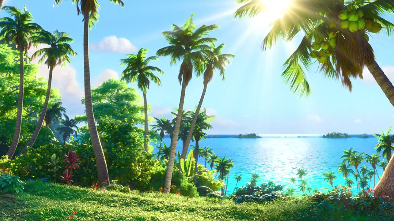 MOANA film still of palm trees and the ocean
