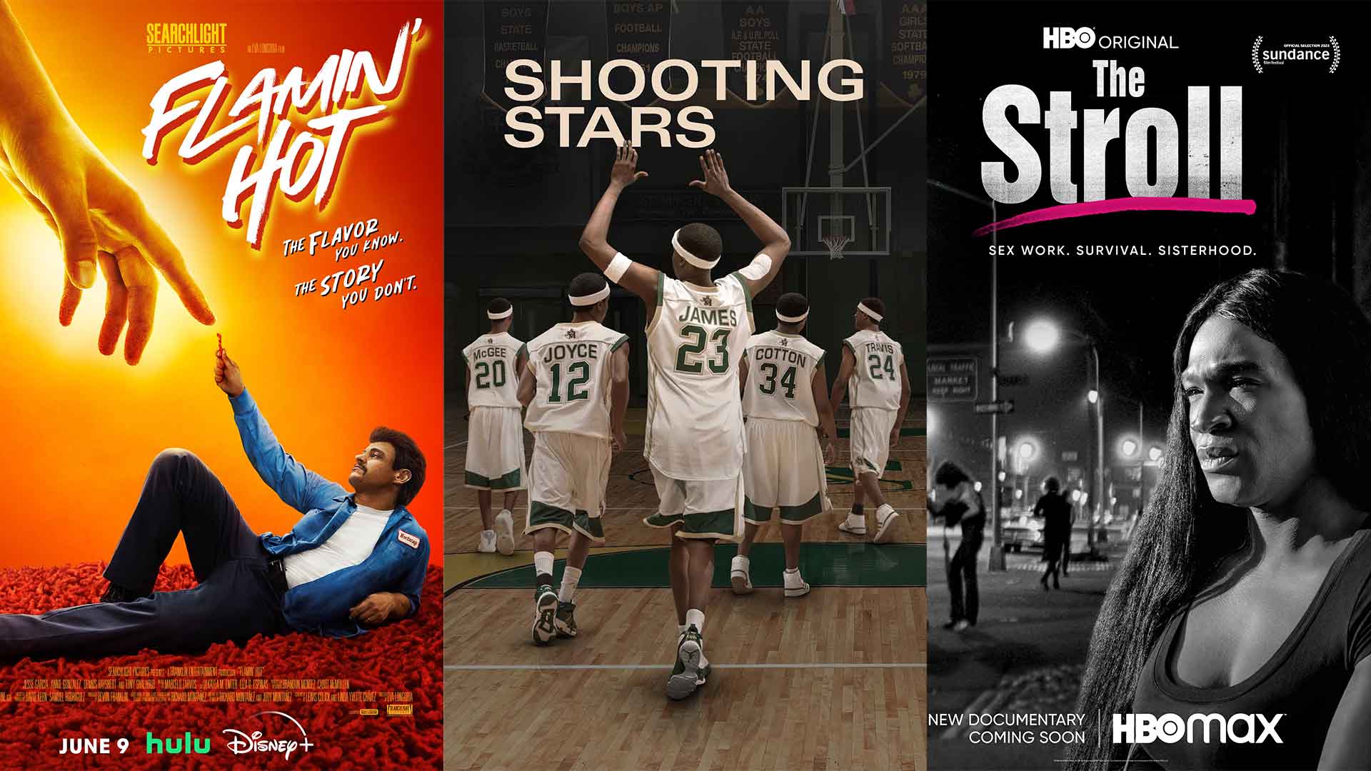 Images of three of the films/tv shows selected for "What to Watch June 2023 AFI Alumni Projects" - Flamin' Hot, Shooting Stars, The Stroll
