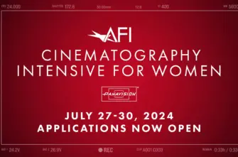 Graphic with red background and white text that reads: AFI Cinematography Intensive for Women Presented by Panavision July 27-30, 2024 - Applications now open