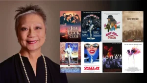 Film editor and AFI DWW Alum Maysie Hoy alongside posters of films she's worked on including NASHVILLE, MCCABE & MRS. MILLER, THE PLAYER, THE JOY LUCK CLUB, CRAZY IN ALABAMA, LOVE JONES, FOR COLORED GIRLS and THE SIX TRIPLE EIGHT.