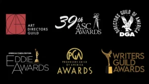 Logos of the Art Directors Guild, Directors Guild of America, American Society of Cinematographers, Producers Guild of America, Writers Guild of America, ACE Eddie Awards