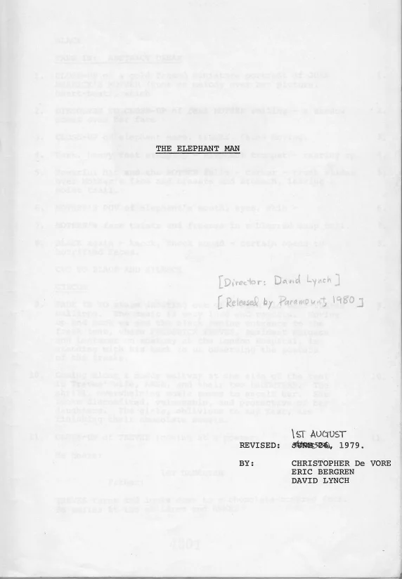 Spotlight-0626-3-ArchiveScript Title page from a revised draft of THE ELEPHANT MAN script with an incorrect date (August 1, 1979); the correct date is December 5, 1979. AFI Archive.